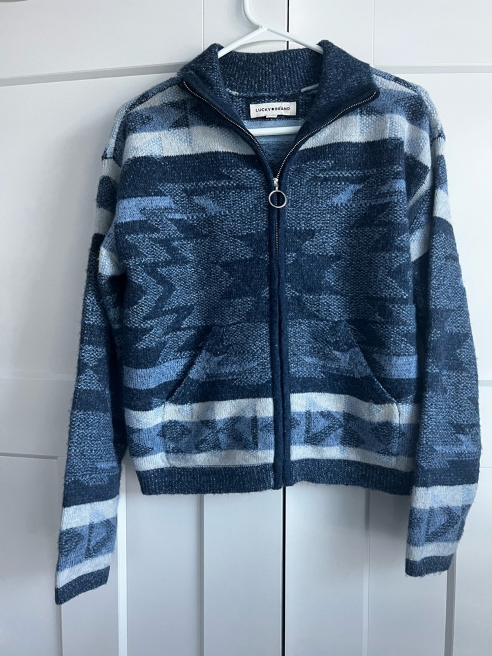 Lucky Brand Blue and Light Blue Patterned Zip Cardigan